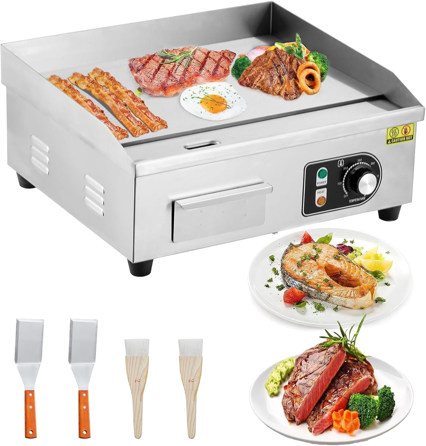 22' 1500W Electric Griddle – Stainless Steel Half-Flat Top Countertop Grill, 122°F-572°F Adjustable Temp, 2 Shovels & 2 Brushes with Plug for Home & Restaurant