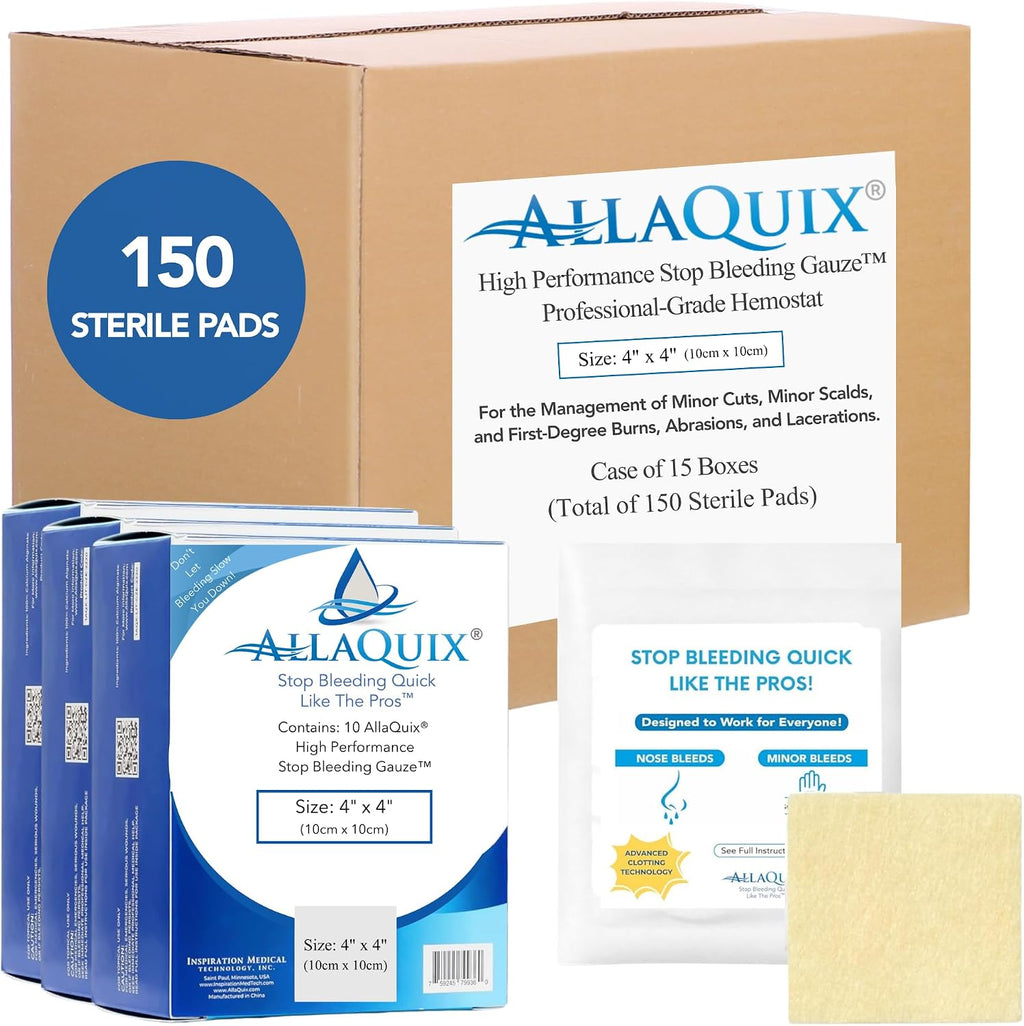 Bulk AllaQuix High Performance Stop Bleeding Gauze Pads, 4'x4' (10-Pack) CASE of 15 Boxes (150 Sterile Pads) | Larger Coverage Chitosan Hemostatic Dressing | Drug-Free, Fast Clotting | Refill