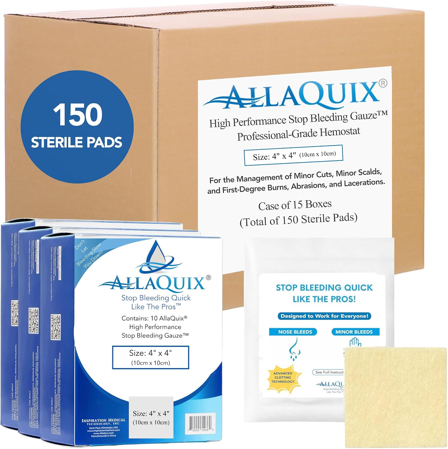 Bulk AllaQuix High Performance Stop Bleeding Gauze Pads, 4'x4' (10-Pack) CASE of 15 Boxes (150 Sterile Pads) | Larger Coverage Chitosan Hemostatic Dressing | Drug-Free, Fast Clotting | Refill
