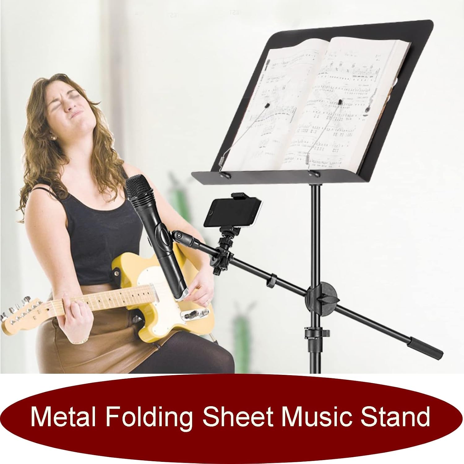 Extra Stable Metal Music Stand, Metal Folding Sheet Music Stand, Wide Tray, Strong Metal Tripod, Strongers Load Capacity, Music Stand with Phone Holder Microphone Holder,