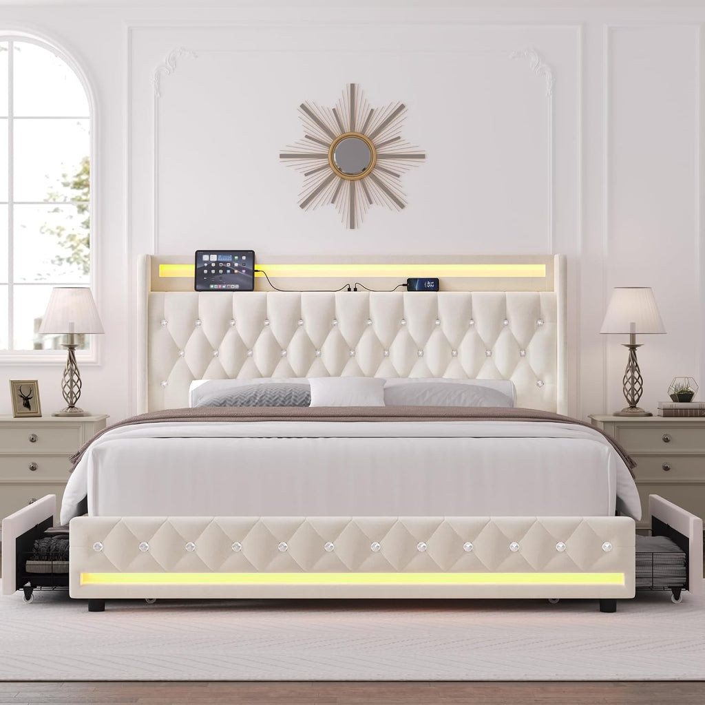 HIFIT Queen LED Bed Frame with Charging Station and 2 Storage Drawers, Velvet Upholstered Platform Bed with Handcrafted Crystal Button Wingback Headboard, Metal Frame with No Box Spring Needed, Beige