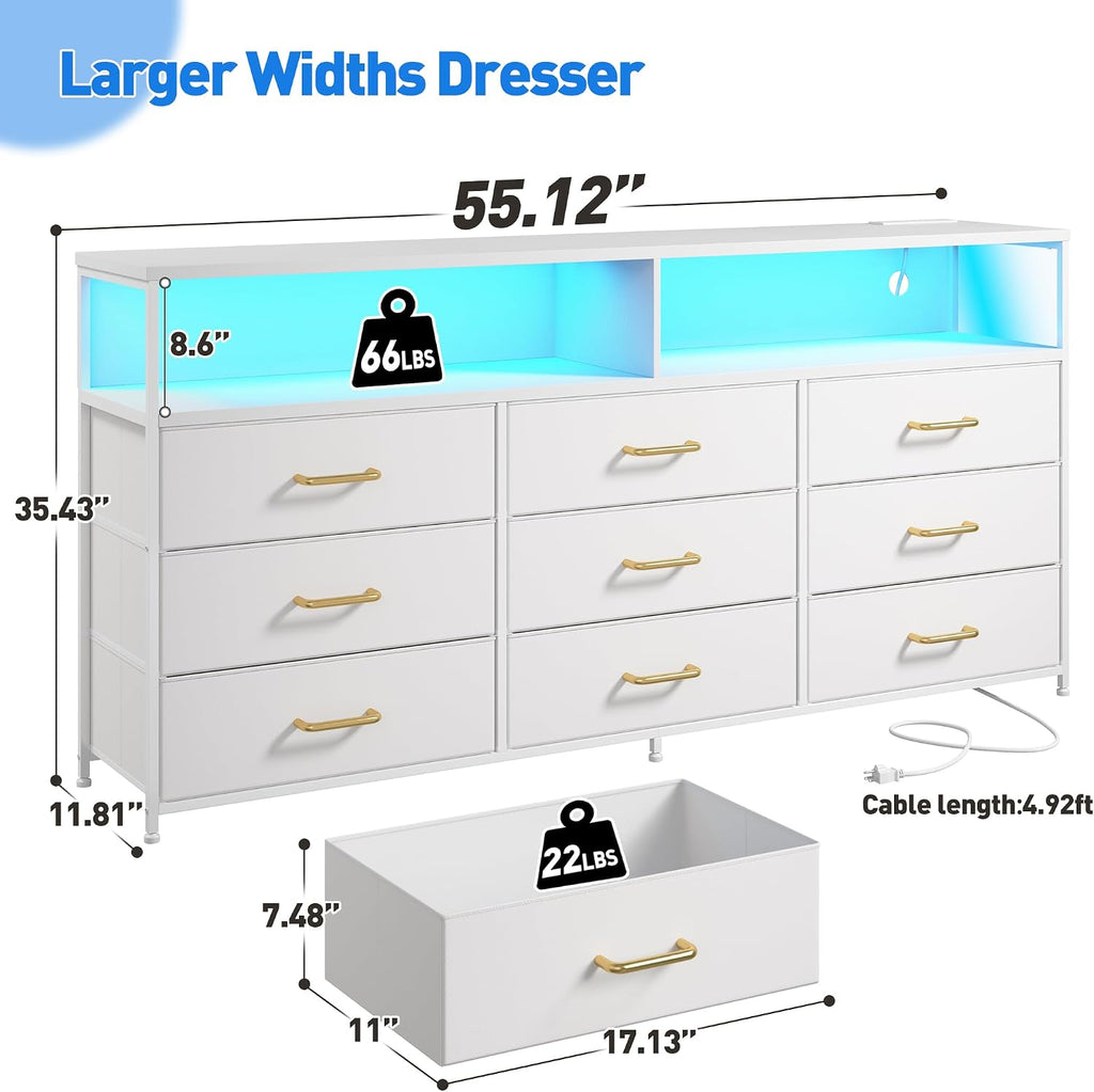 EnHomee 55' W White Dresser for Bedroom with Charging Station & LED Light, 65 Inch TV Stand with 9 Fabric Drawers, Sturdy Dressers & Chest of Drawers with 2 Wood Open Shelves,55.12' Wx11.81 Dx35.43 H