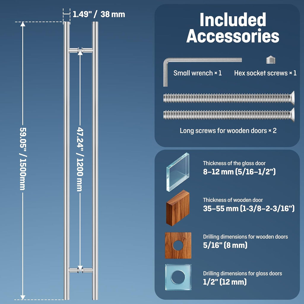 Ranbo Ladder Style 60' Large Push Pull Door Handle,Back to Back, 1200mm (47 1/4 inch) CTC, 304 Stainless Steel, Heavy Duty for Barn,Front,Entrance, Commercial,Glass Doors,Polished Chrome