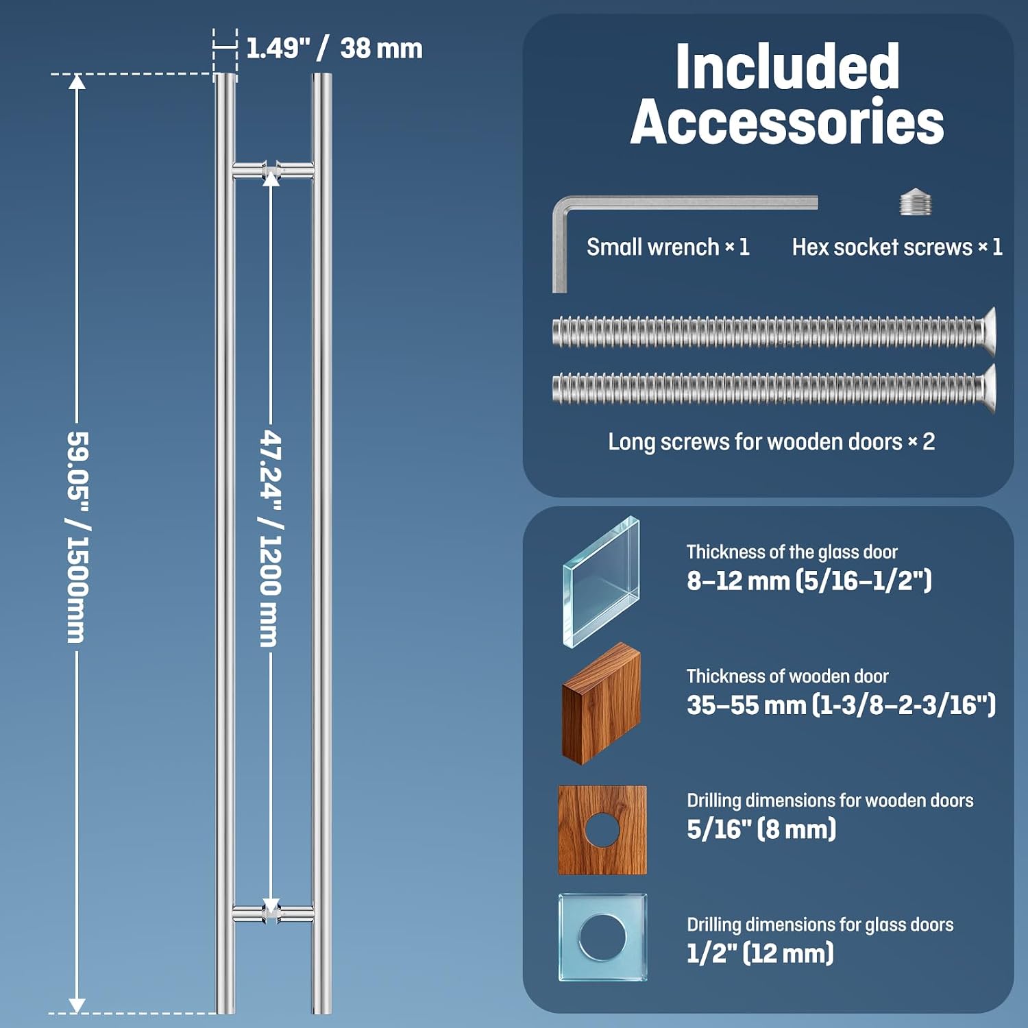 Ranbo Ladder Style 60' Large Push Pull Door Handle,Back to Back, 1200mm (47 1/4 inch) CTC, 304 Stainless Steel, Heavy Duty for Barn,Front,Entrance, Commercial,Glass Doors,Polished Chrome