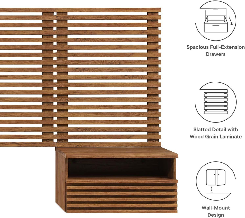 Modway Render Wall-Mount Headboard and Modern Nightstands Bedroom Set, Queen, Walnut