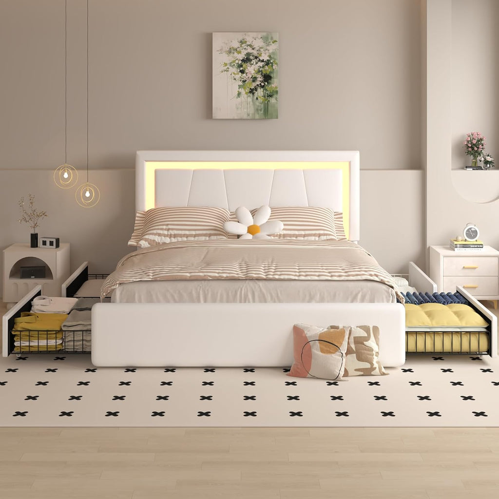Benevika Queen Size Bed Frame with 4 Storage Drawers and LED Headboard, Upholstered Platform with Type-C&USB Ports, Faux Leather, Easy Assembly, Beige