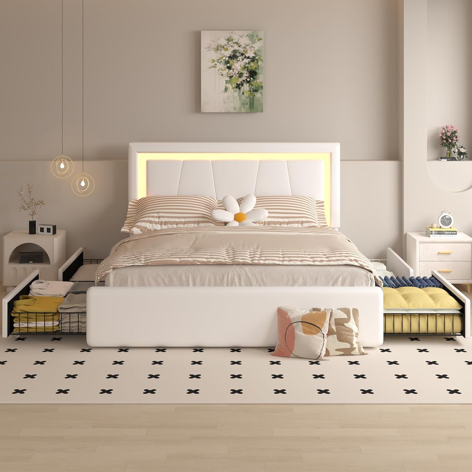 Benevika Queen Size Bed Frame with 4 Storage Drawers and LED Headboard, Upholstered Platform with Type-C&USB Ports, Faux Leather, Easy Assembly, Beige