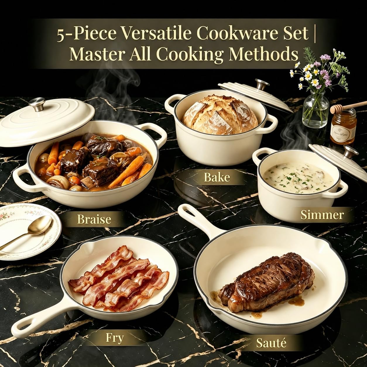 Nonstick Enameled Cast Iron Cookware Set - 8 Piece Pots and Pans with Lid, Frying Pan, Skillet, Dutch Oven Set for All Stovetops, Ideal for Sourdough Bread Baking, Comes with Organizer, Cream White