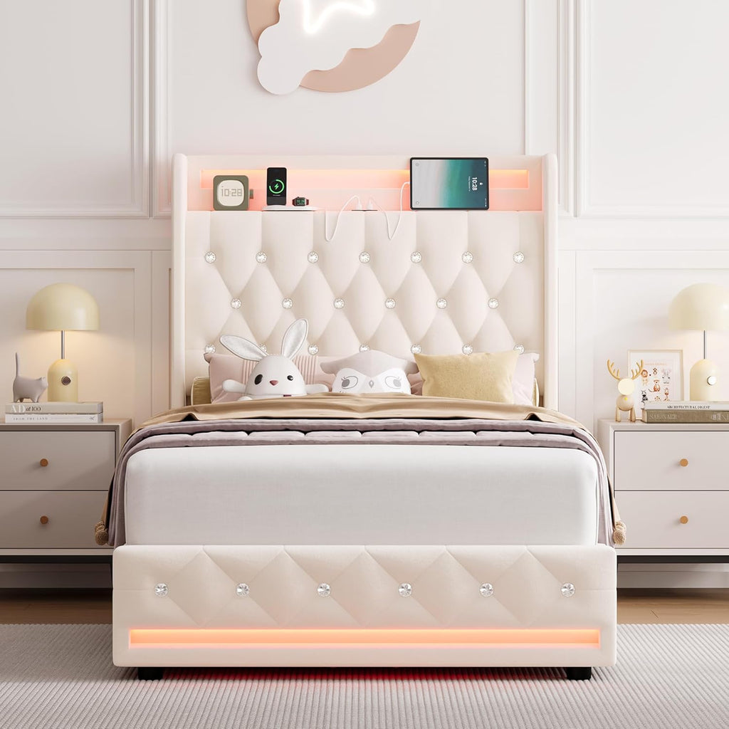 HIFIT Upholstered Twin LED Bed Frame with Charging Station Headboard & 2 Storage Drawer, Velvet Crystal Button-Tufted Princess Twin Size Platform Bed Frames for Girls, No Box Spring Needed, Beige