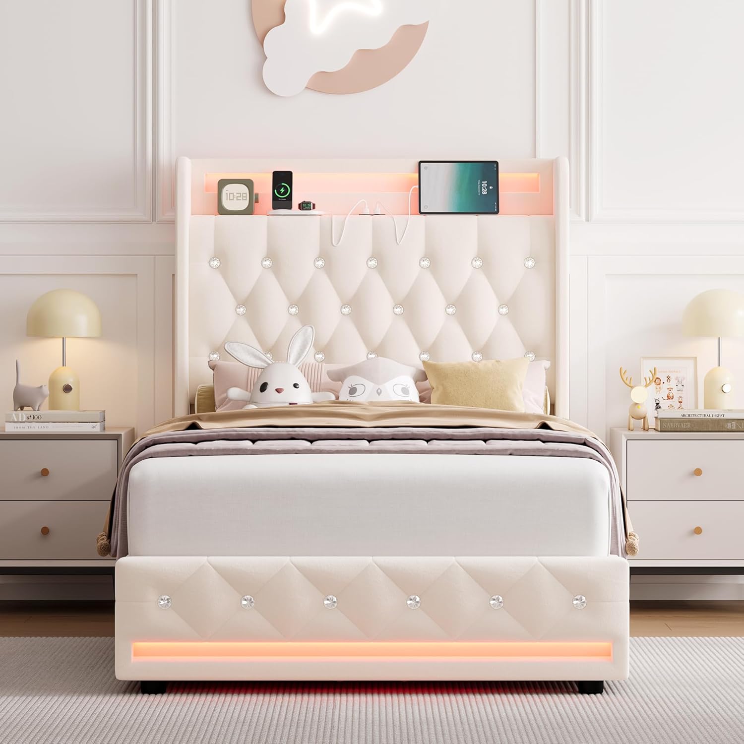 HIFIT Upholstered Twin LED Bed Frame with Charging Station Headboard & 2 Storage Drawer, Velvet Crystal Button-Tufted Princess Twin Size Platform Bed Frames for Girls, No Box Spring Needed, Beige
