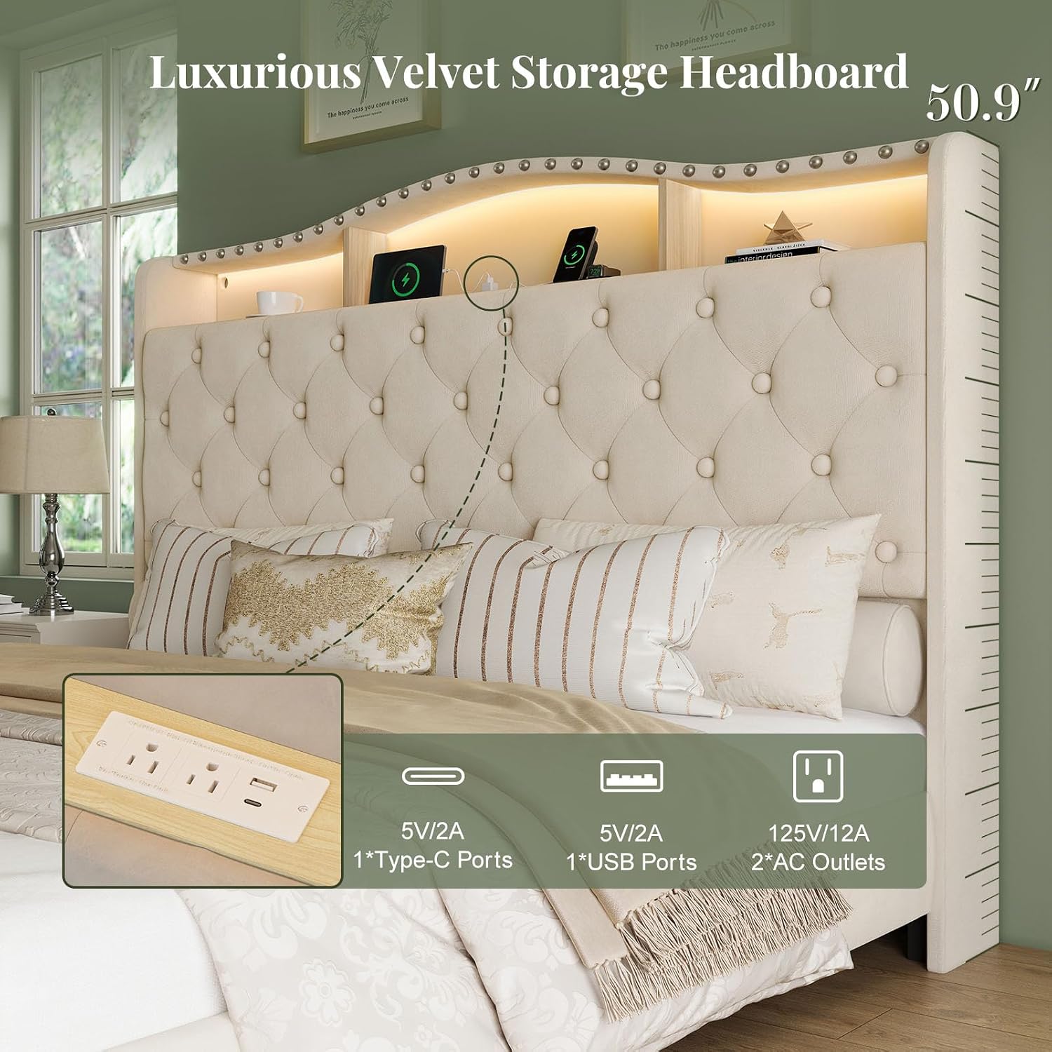 Belffin Queen Size Bed Frame and Headboard, 50.9' Velvet Upholstered Wingback Bedframe with LED Lights & Storage/Charging Station, Button Tufted Tall Footboard, No Box Spring Needed, Noise-Free, Beige