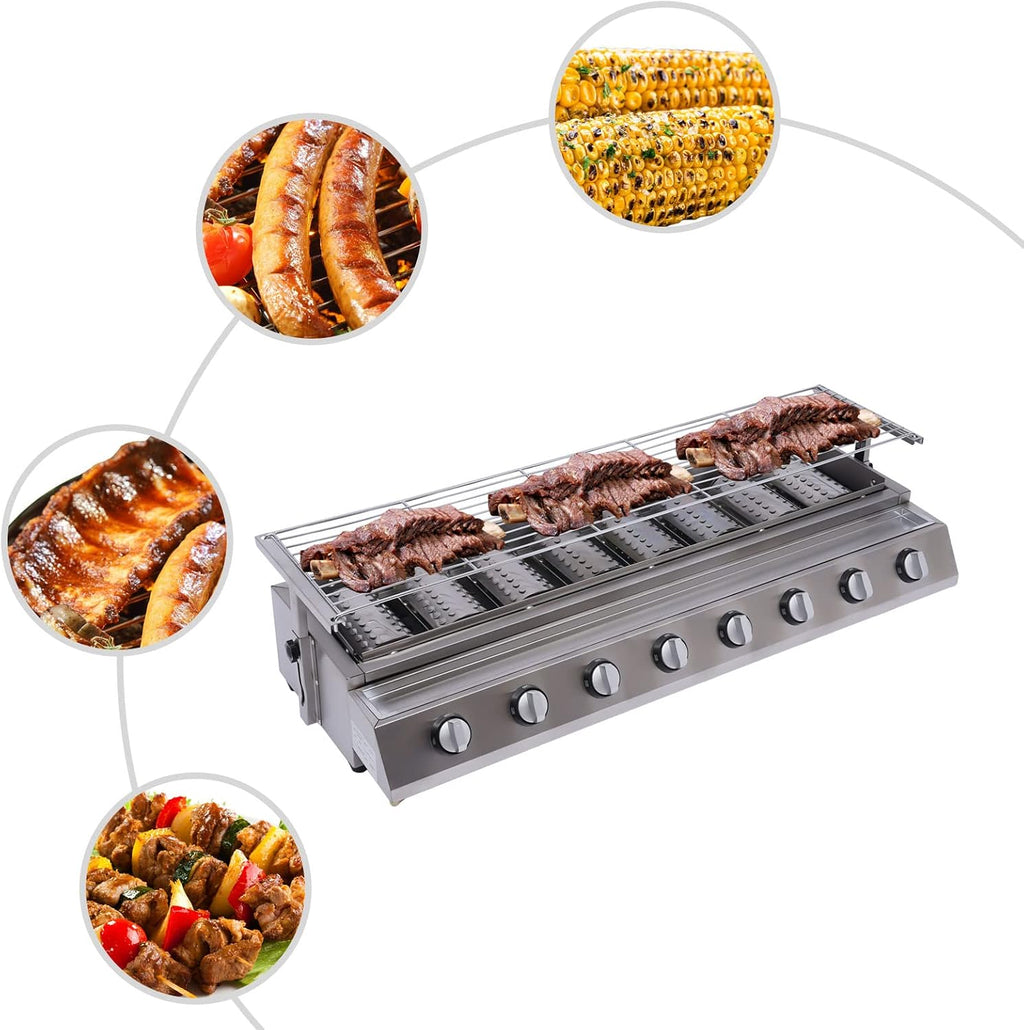 8 Burners Portable Gas Grill Tabletop Smokeless Stainless Steel Gas BBQ Grill with Griddle Independent Ignition,Propane LPG Grill for Outdoor Camping Picnic Kitchen (40.94 * 15.7 * 7.9in- 8 Burners)