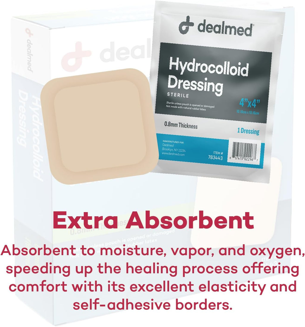Dealmed Hydrocolloid Dressings–4' x 4' Standard Thickness Hydrocolloid Bandages, Wound Care Products for First Aid Kits, Box of 10, 24 Per Case and Individually Packed