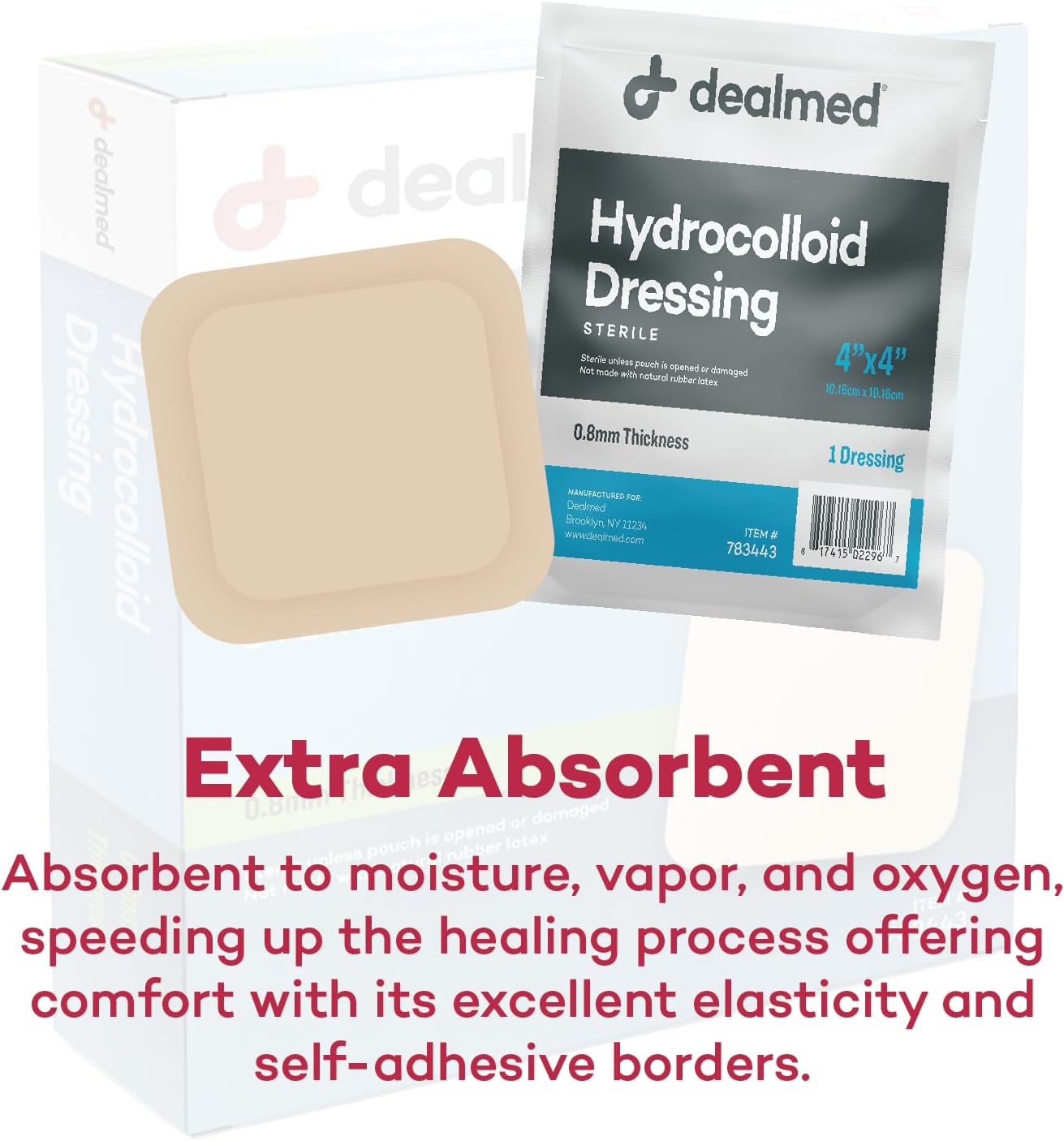 Dealmed Hydrocolloid Dressings–4' x 4' Standard Thickness Hydrocolloid Bandages, Wound Care Products for First Aid Kits, Box of 10, 24 Per Case and Individually Packed