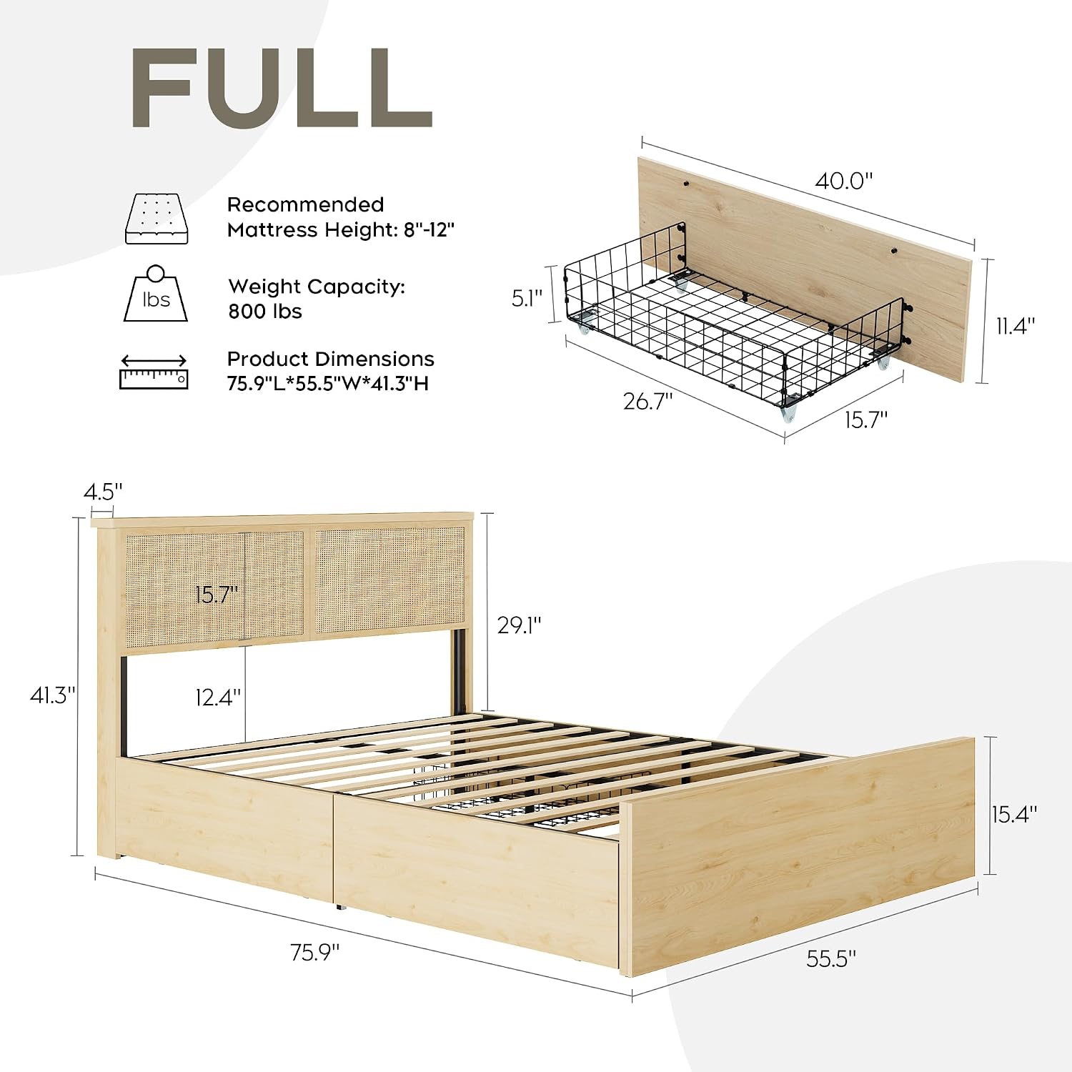 Yechen Full Bed Frame with Natural Rattan Headboard and Wooden 4 Storage Drawers, Light Oak Bedframe Metal Platform with Strong Wooden Slats Support, Bamboo Cane Beds, No Box Spring Needed