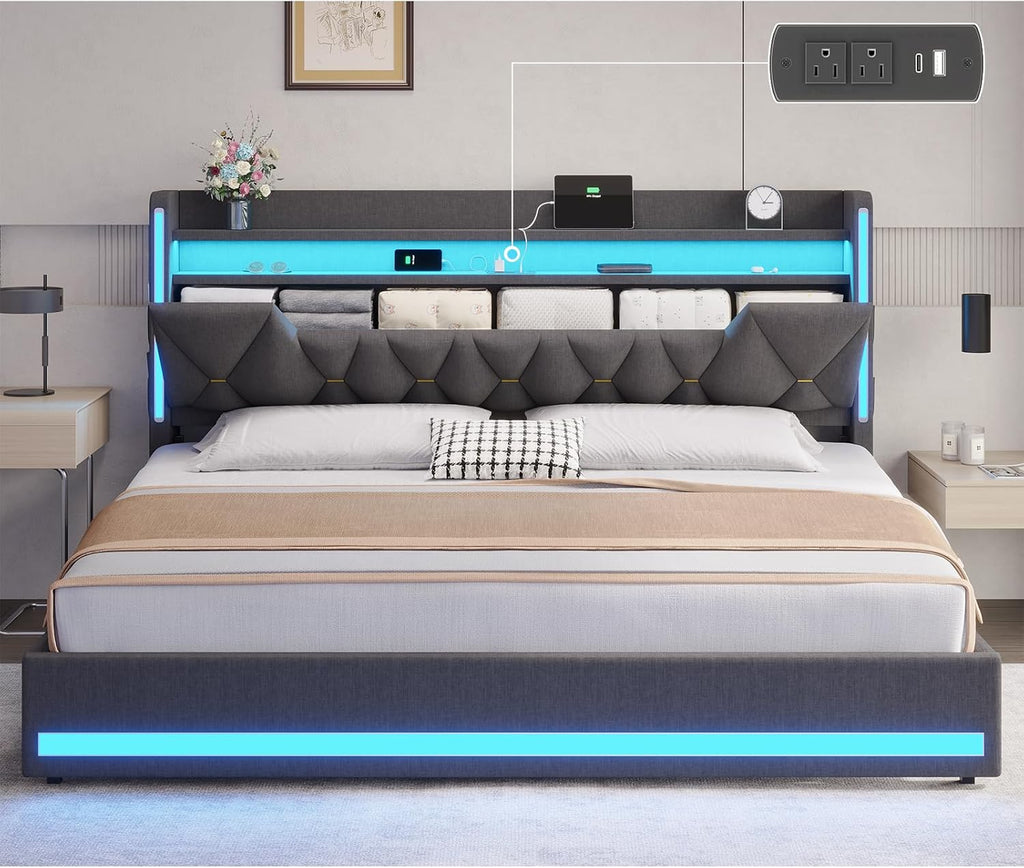 BYSAUD King Size Bed Frame with Storage Headboard, Upholstered King Platform Bed Frame with LED Lights and Charging Station, No Noise, Heavy Duty Metal Support, No Box Spring Needed, Dark Gray, Linen