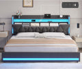 BYSAUD King Size Bed Frame with Storage Headboard, Upholstered King Platform Bed Frame with LED Lights and Charging Station, No Noise, Heavy Duty Metal Support, No Box Spring Needed, Dark Gray, Linen