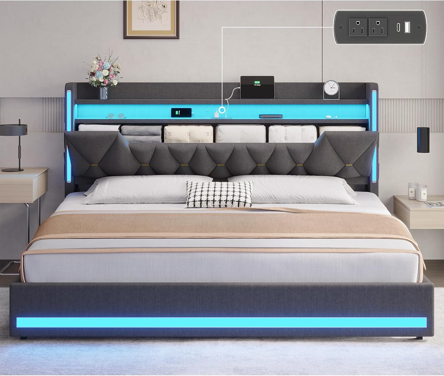 BYSAUD King Size Bed Frame with Storage Headboard, Upholstered King Platform Bed Frame with LED Lights and Charging Station, No Noise, Heavy Duty Metal Support, No Box Spring Needed, Dark Gray, Linen