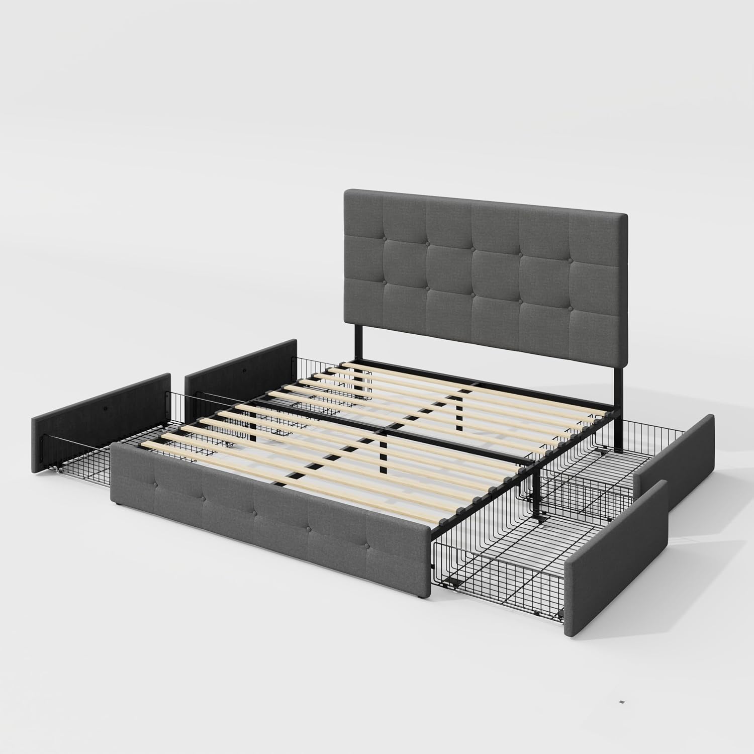 Allewie Upholstered Full Size Platform Bed Frame with 4 Storage Drawers and Headboard, Square Stitched Button Tufted, Mattress Foundation with Wooden Slats Support, No Box Spring Needed, Light Grey