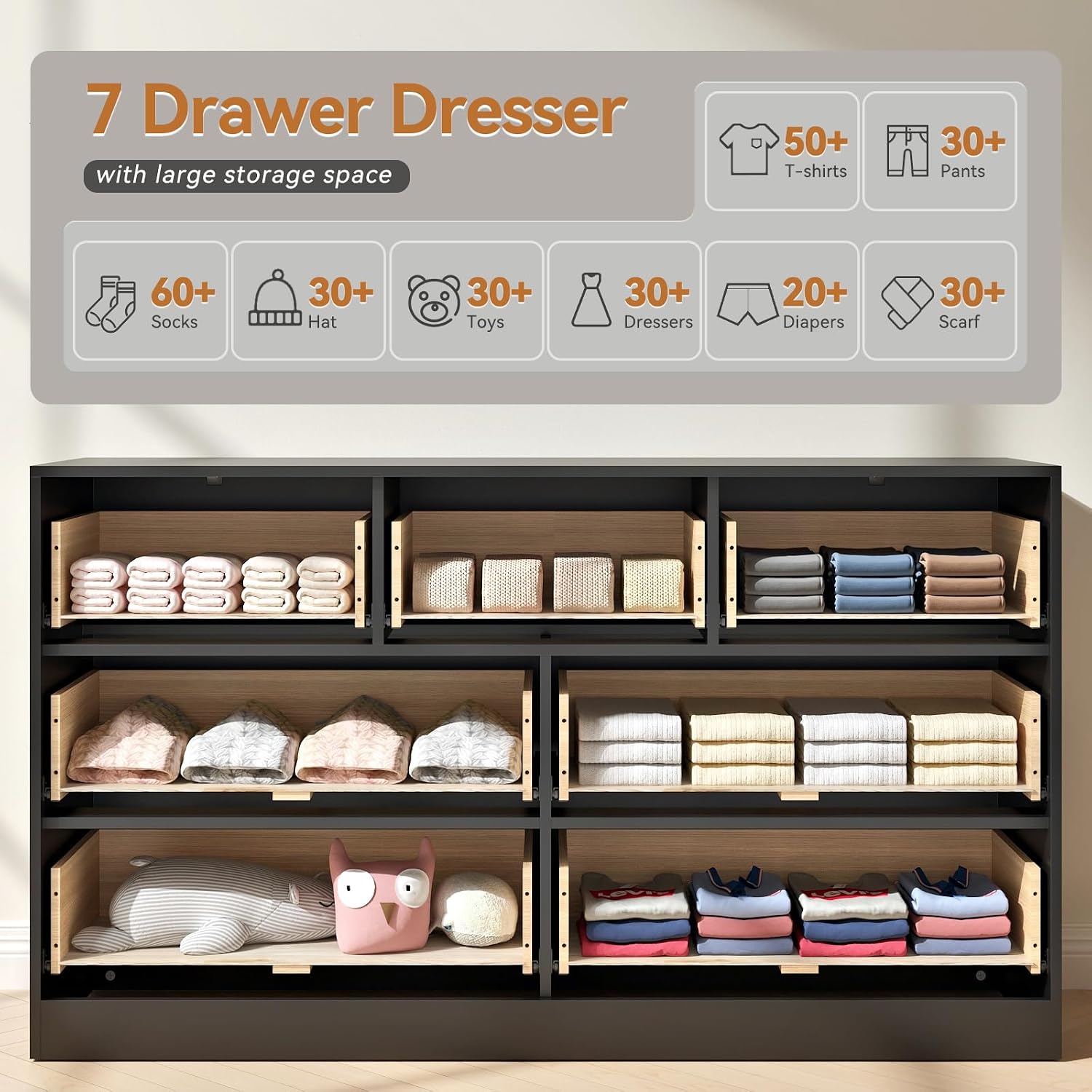 7 Drawer Dresser and Nightstand Sets, 3 Pcs Bedroom Set for Bedroom, Fluted Night Stand Set of 2 & 55' Wide Dresser w/Gold Handles, Modern Wood Chest of Drawers Storage Cabinet Set, Black