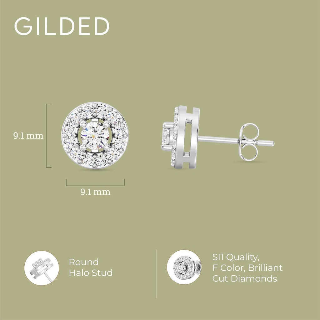 Gilded Lab-Grown Diamond Stud Earrings Sterling Silver and 14KT Yellow Gold Plated Silver | Round Halo Shaped Studs | Hypoallergenic Fine Jewelry | Prong Setting, Push Back Nut | SI1 Clarity, F Color 1/4, 1/2, 3/4, 1 ct tw