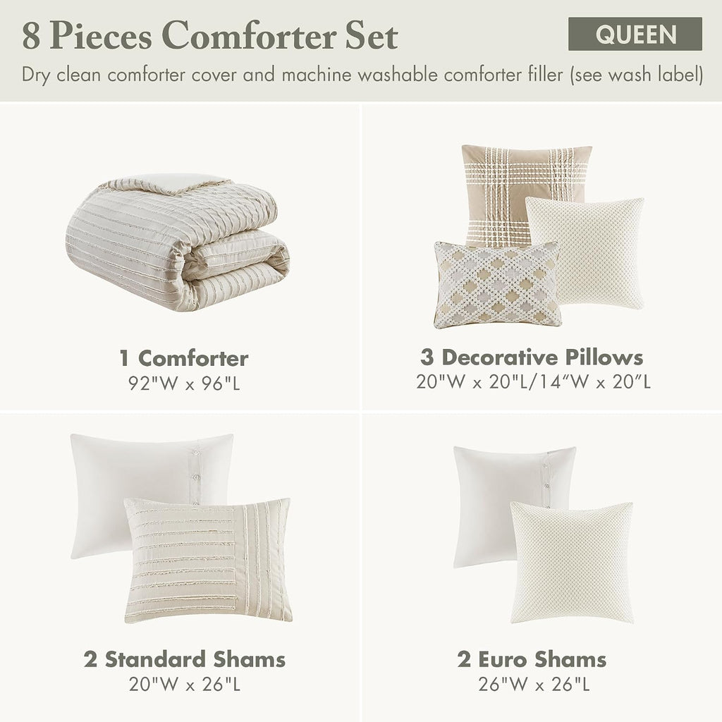 Madison Park Queen Comforter Set Clipped Jacquard Stripes with Buttons Boho Comforter for a Queen-Size Bed, Cotton Oversized Comforters with Removable Cover Boho Bedding, Queen Ivory 8 Piece