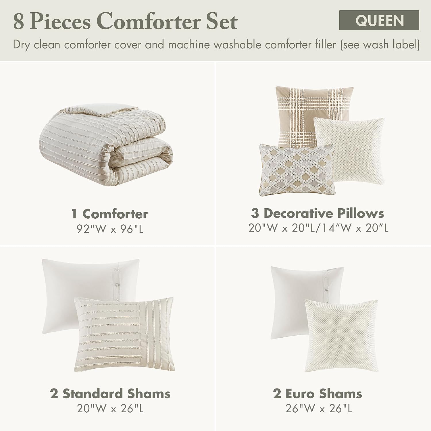 Madison Park Queen Comforter Set Clipped Jacquard Stripes with Buttons Boho Comforter for a Queen-Size Bed, Cotton Oversized Comforters with Removable Cover Boho Bedding, Queen Ivory 8 Piece