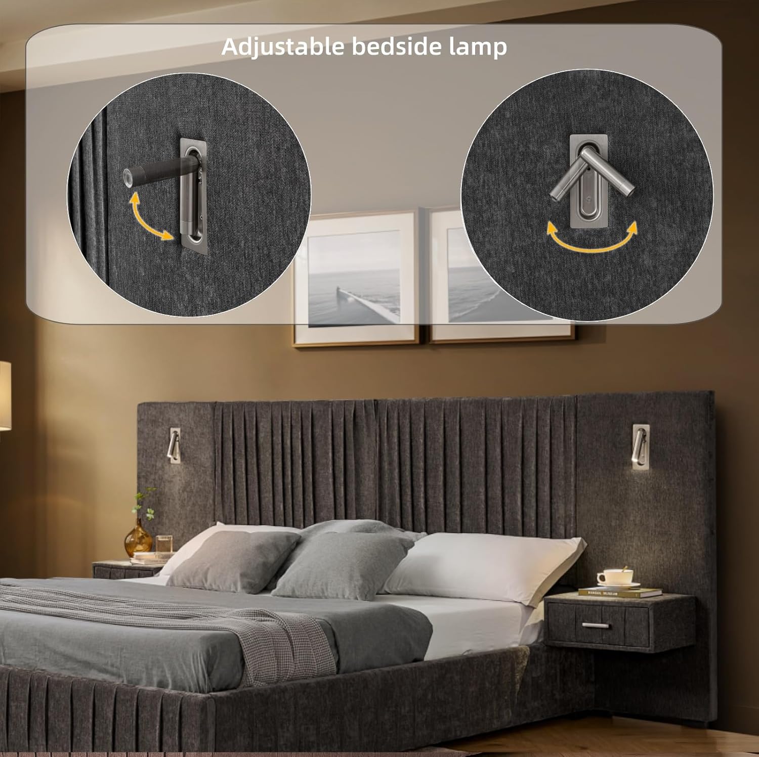 KEIKI King Size Chenille Bed Frame with 2 Nightstands, Lamps & Oversize Headboard, Solid Wood Frame Platform Night Stand Bedroom Set, Upholstered Floor Grounded Bed, No Box Spring Needed, Dark Grey