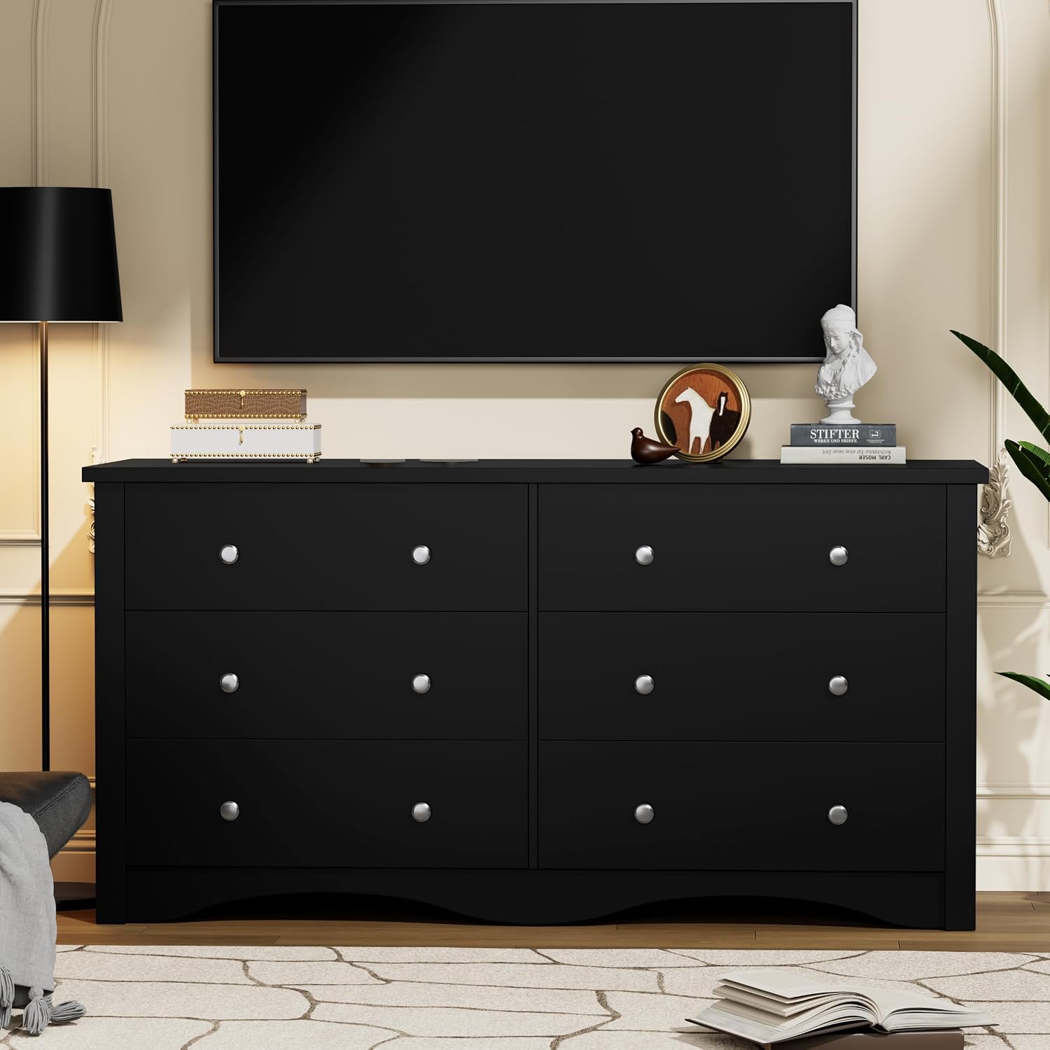 YESHOMY Dresser for Bedroom with 6 Drawers, 47.2' Modern Chest of Drawers, Wooden Dressers, TV Stand for Living Room,Closet, Hallway (Black)