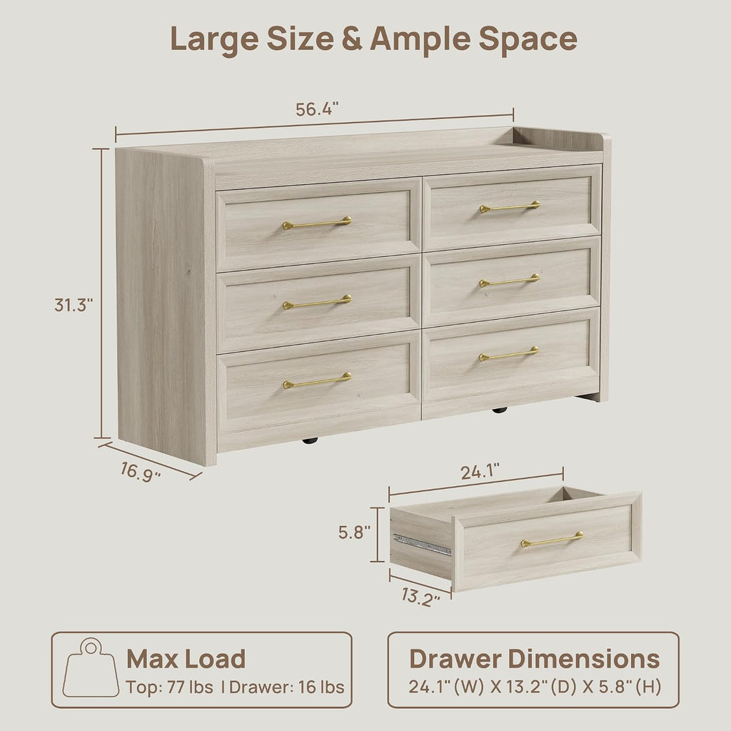 SICOTAS 6 Drawer Dresser for Bedroom-112.8' Extra-Wide Wooden Chest of Drawers with Large Storage, Long Dresser TV Stand with Drawers, Farmhouse Closet Dressers for Nursery, Grey White Oak, 2PCS