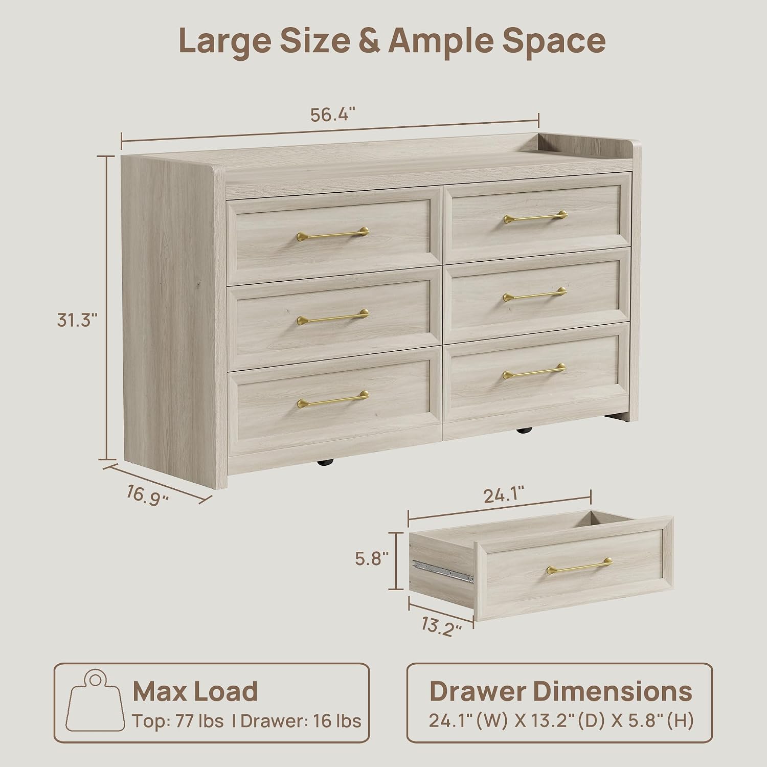 SICOTAS 6 Drawer Dresser for Bedroom-56.4' Extra-Wide Wooden Chest of Drawers with Large Storage, Long Dresser TV Stand with Drawers, Farmhouse Closet Dressers for Nursery Living Room, Grey White Oak