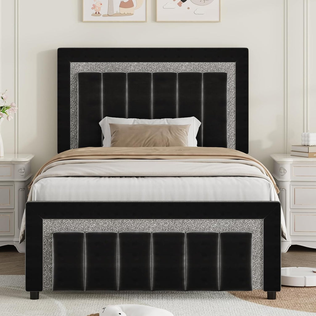 HOMBCK Twin Bed Frame with LED Lights and Velvet Upholstered Adjustable Headboard, Twin Size Bed Frames with Diamond Headboard & Footboard, Wood Slats Support, Noise Free, No Box Spring Needed, Black