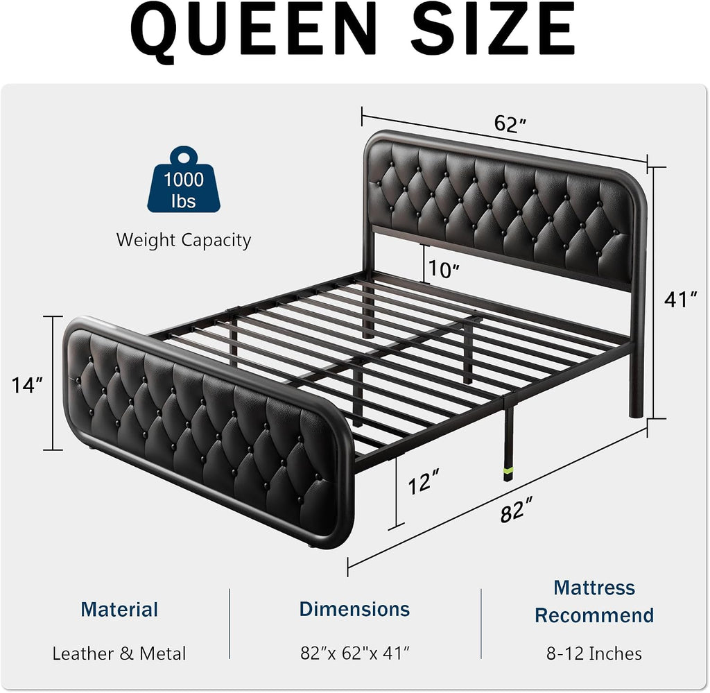 GalnFu Queen Metal Bed Frame, Upholstered Bed with Leather Button-Tufted Headboard & Footboard, Heavy-Duty U-Shape Platform Bed, Easy Assembly, Black