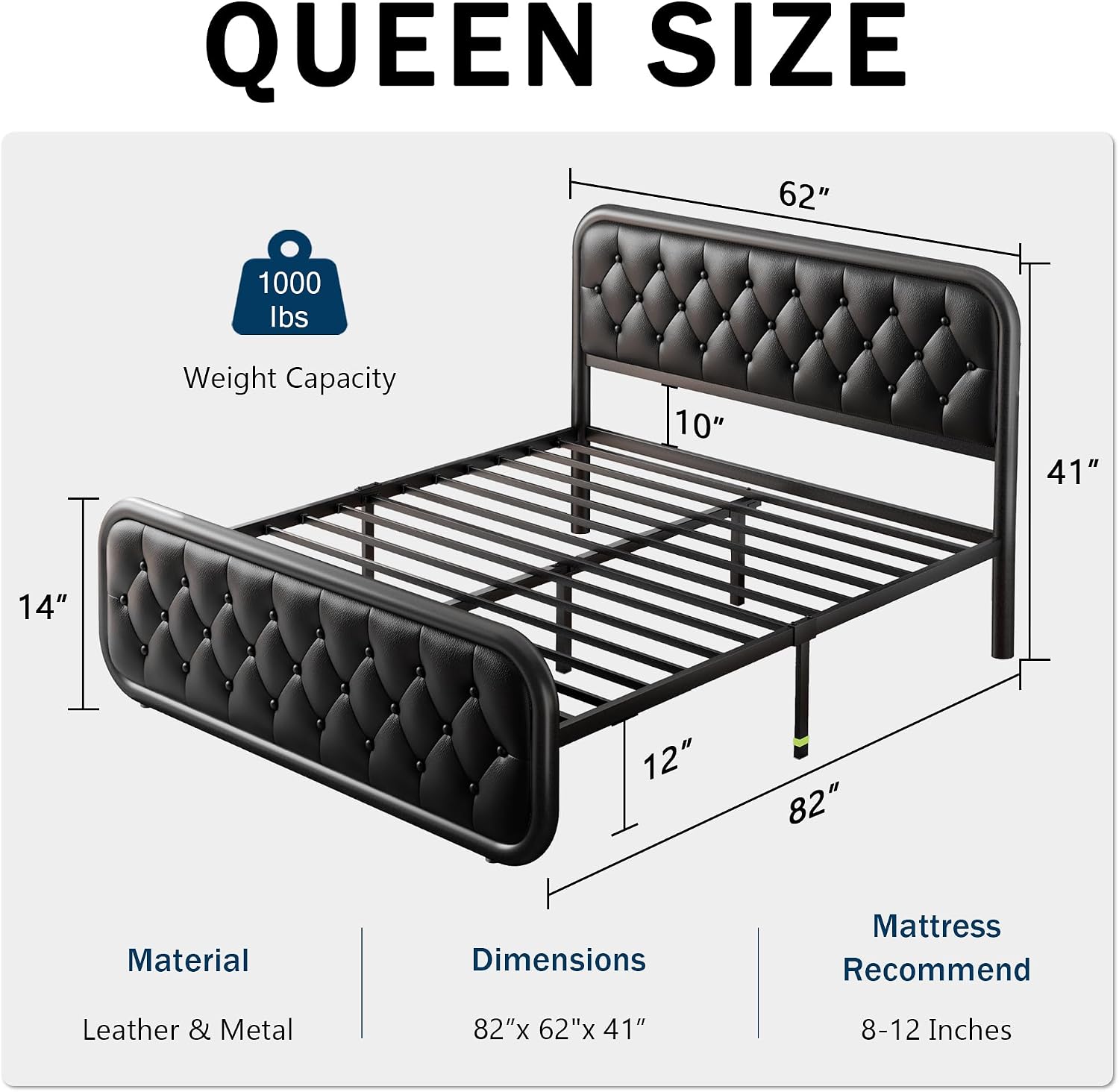 GalnFu Queen Metal Bed Frame, Upholstered Bed with Leather Button-Tufted Headboard & Footboard, Heavy-Duty U-Shape Platform Bed, Easy Assembly, Black