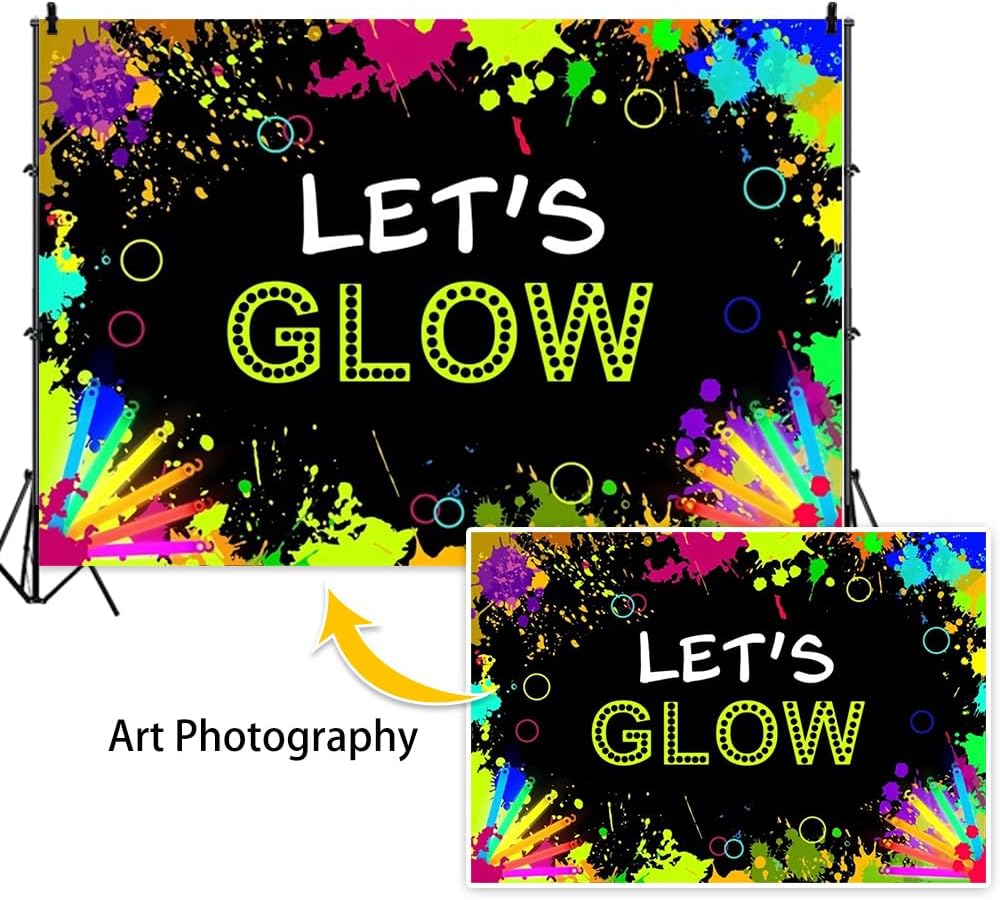 Leowefowa Let's Glow Crazy Party Decoration Supplies 20x10ft Vinyl Glow in The Dark Background for Photography Neon Graffiti Splash Backdrops for Photoshoot Wallpaper Decor Photo Booth Props