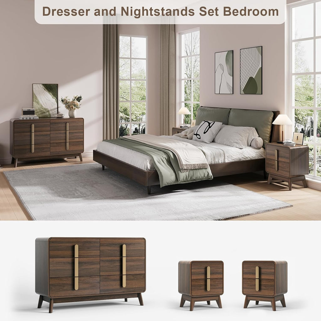 JOINICE Mid Century Modern Bedroom Set, 6 Drawer Dresser and Nightstand Sets for Bedroom, Night Stand Set 2 & 6 Drawer Dresser with Gold Handles, Wood Chest of Drawers Storage Cabinet Set, Walnut