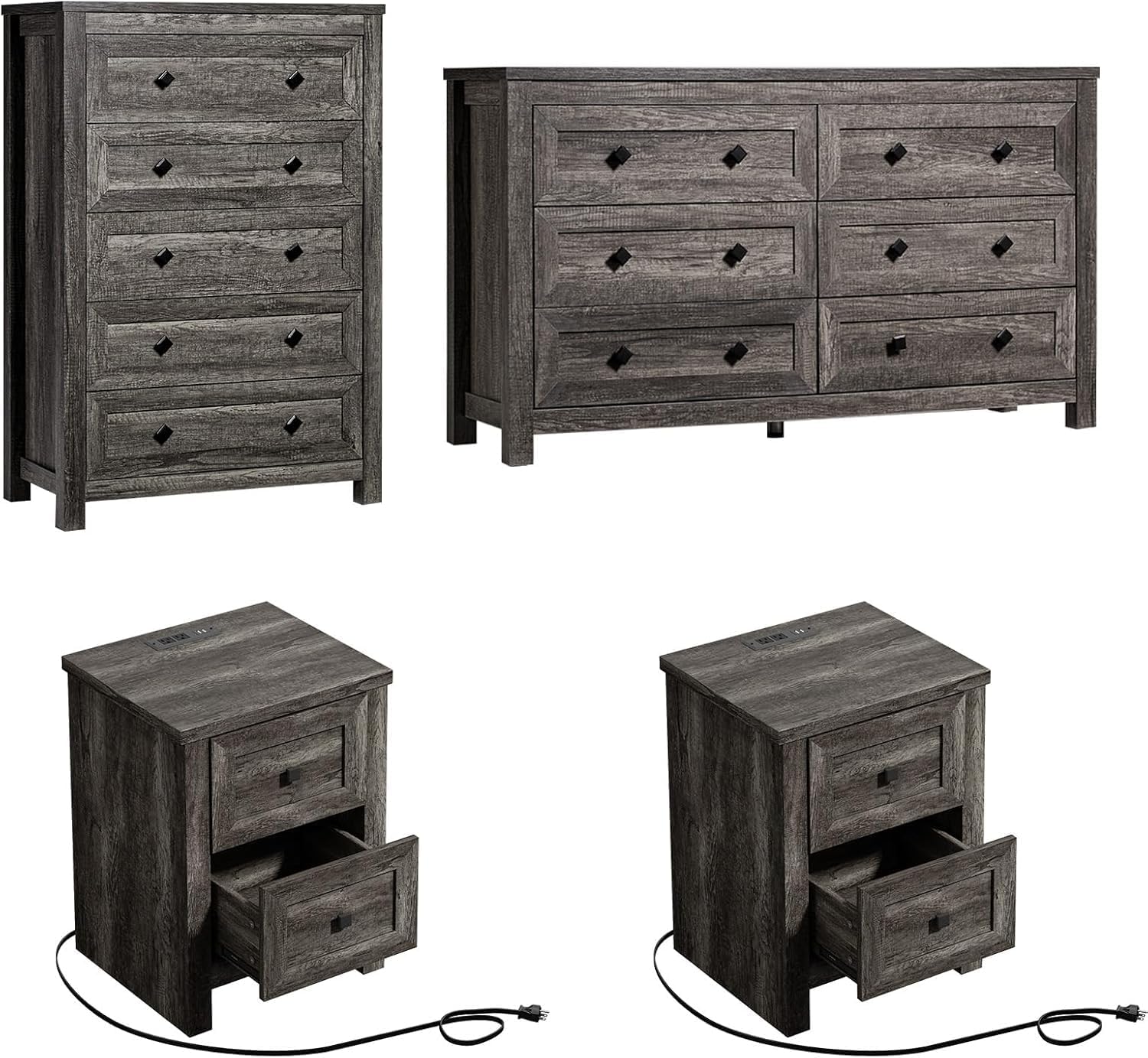 LUXOAK 4 Pieces Farmhouse Bedroom Furniture Set, 1 X 5 Drawer Dresser, 1 X Rustic 6 Drawer Storage Dresser, Nightstand Set of 2 with Charging Station, Farmhouse Bedroom Set, Grey