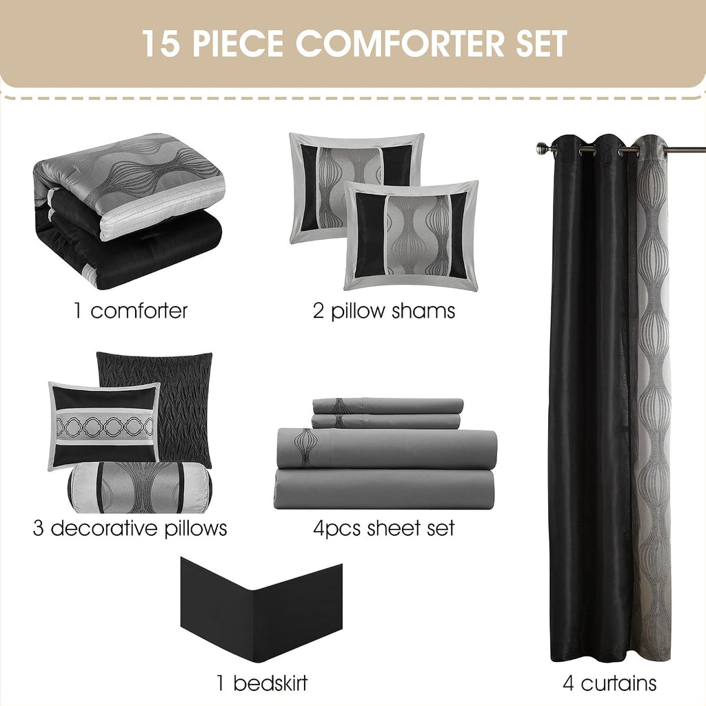 Stratford Park Elegant Black and Silver Comforter Set Califirnia King Size, Striped,15 Piece Room-in-A-Bag, Jacquard Bedding Set, All Season, Matching Decorative Pillows, Pillow Sham, Curtains