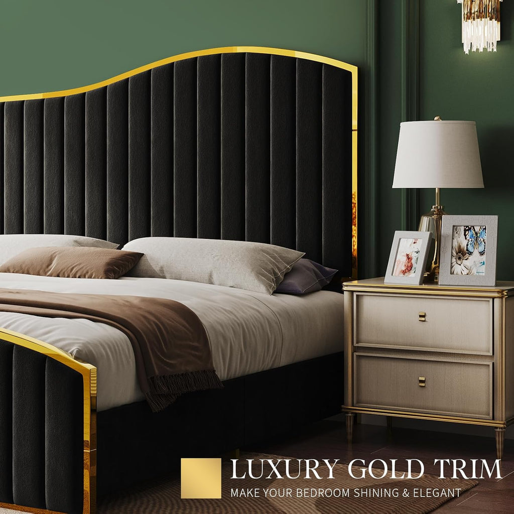 AMERLIFE Queen Size Bed Frame with 61.4' Tall Headboard, Velvet Upholstered Platform Bed with Gold Trim & Footboard, Wooden Slat Support, No Box Spring Needed, Black