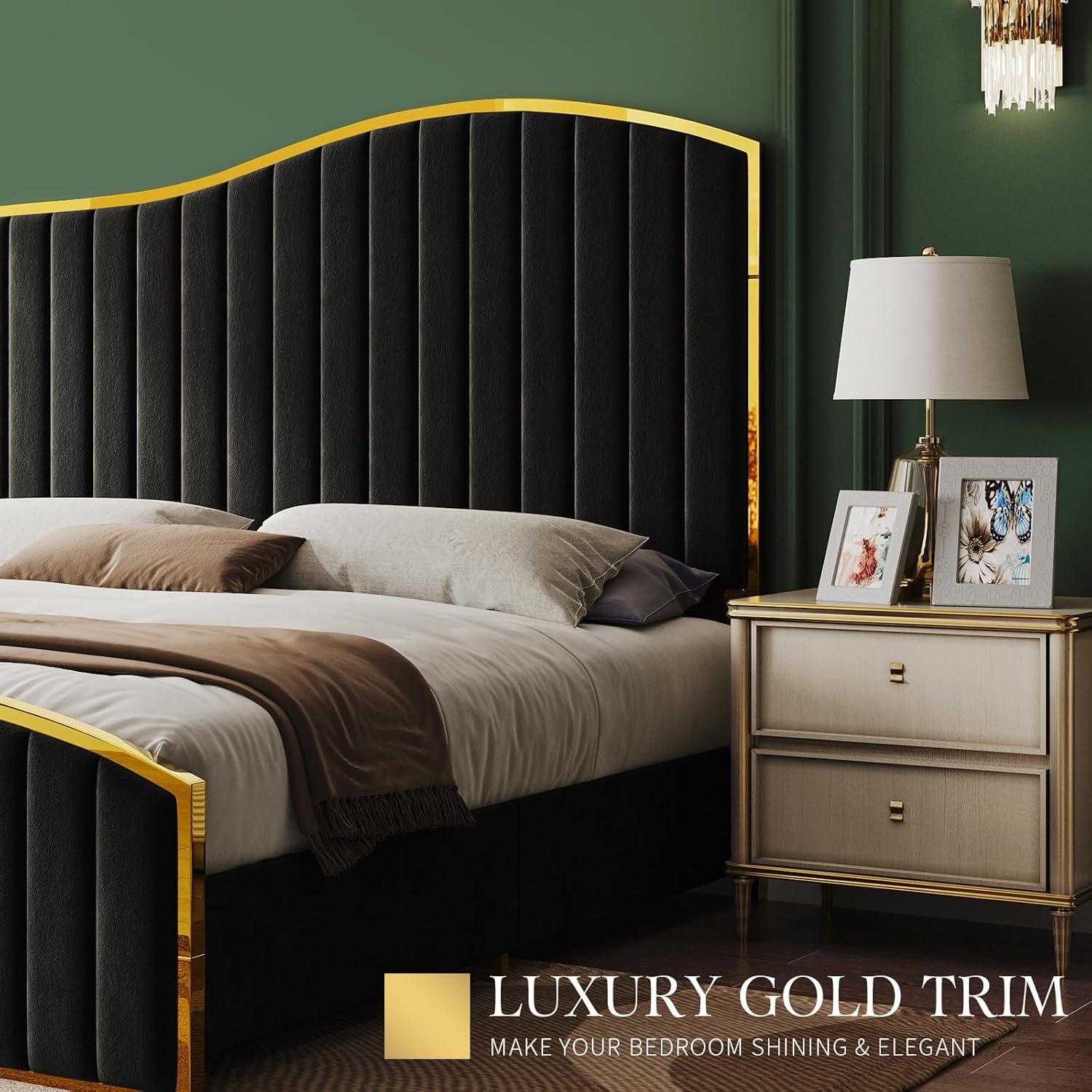 AMERLIFE Queen Size Bed Frame with 61.4' Tall Headboard, Velvet Upholstered Platform Bed with Gold Trim & Footboard, Wooden Slat Support, No Box Spring Needed, Black