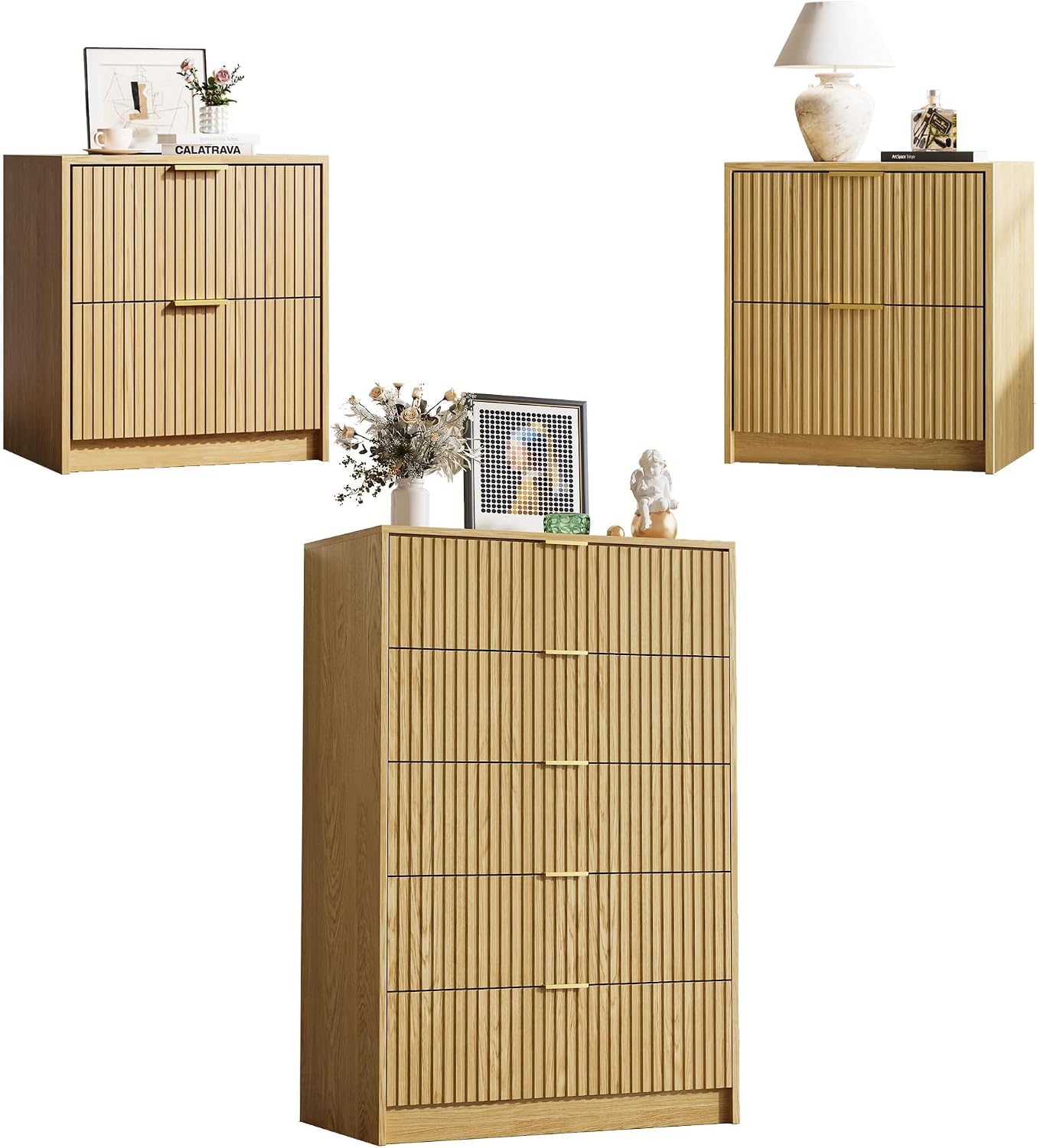 MAISONARIA 3-Piece Dresser Bedroom Set, 5 Drawer Dresser & 2 Drawer Nightstands with Gold Handles, Fluted Wood Chest of Drawers for Bedroom, Living Room, Entryway, Nature
