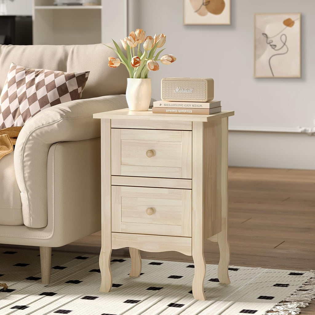VINGLI Nightstands Set of 2, Unfinished Solid Wood Nightstand Color DIY, Small Nightstand for Bedroom, Natural Wood Night Stand with Drawers, Light Wood Night Stands, Real Wooden Bedside Table