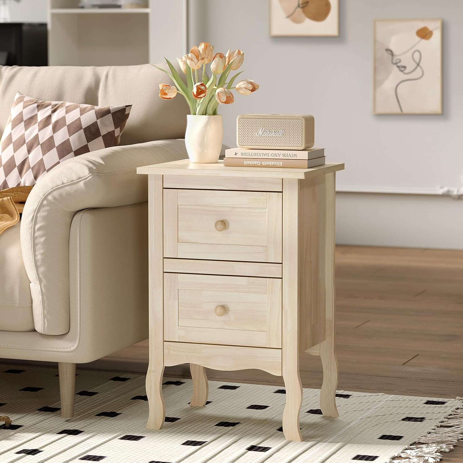 VINGLI Nightstands Set of 2, Unfinished Solid Wood Nightstand Color DIY, Small Nightstand for Bedroom, Natural Wood Night Stand with Drawers, Light Wood Night Stands, Real Wooden Bedside Table