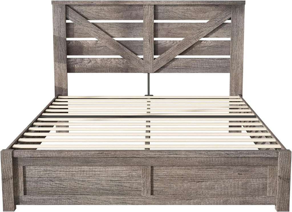 AMERLIFE Queen Size Bed Frame with 49.2' Barn Door Headboard and Footboard, Farmhouse Platform Bed Frame with Wood Slats, No Box Spring Needed, Under Bed Storage, Rustic Gray