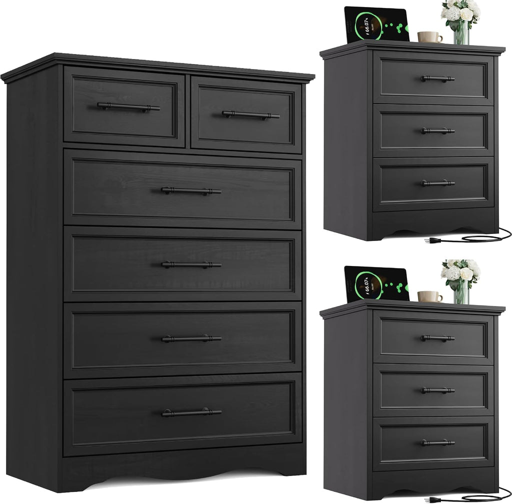 Bedroom Set, 3 Pieces Bedroom Furniture Set, 6 Drawer Dresser and 3 Drawers Nightstand with Charging Station, Farmhouse Storage Organizer Cabinet for Bedroom, Black