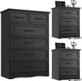 Bedroom Set, 3 Pieces Bedroom Furniture Set, 6 Drawer Dresser and 3 Drawers Nightstand with Charging Station, Farmhouse Storage Organizer Cabinet for Bedroom, Black
