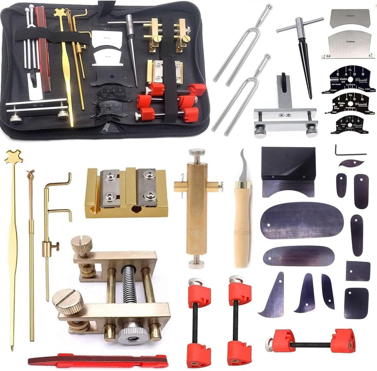 35Pcs Violin Luthier Repair Making Tool Kit, Violin Fingerboard Scraper Set, Purfling Groove Knife Crack Repair Tuning Fork Bridge Clamp Sound Post Fingerboard Template Maintenance Tool