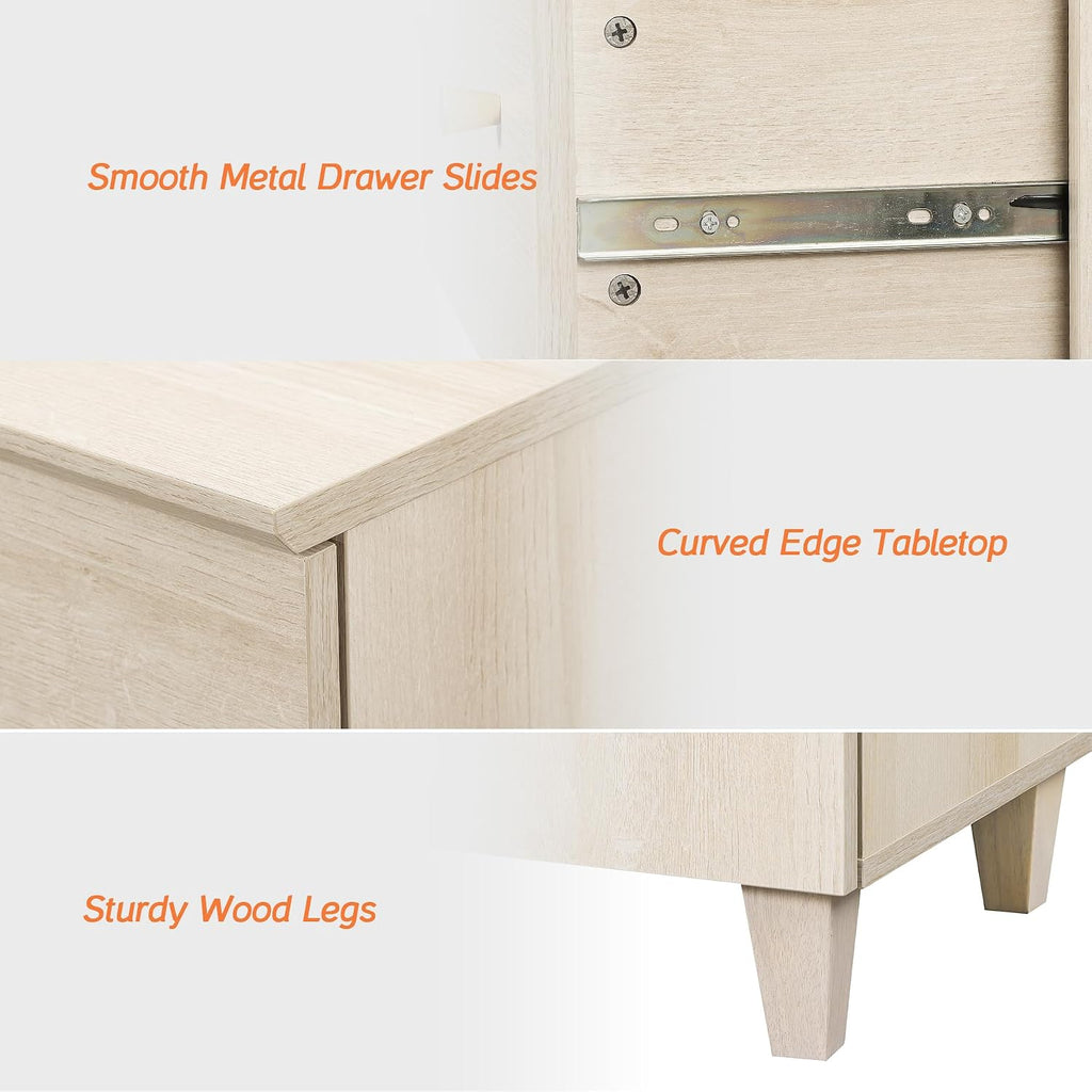 WAMPAT Dresser and Nightstands 3 Pieces, 47.2 Inches Wood Dresser with 6 Drawers, Set of 2 Night Stands with Drawers and Charging Stations, Bedroom Chest of Drawers and Bedside Tables Set, Light Oak