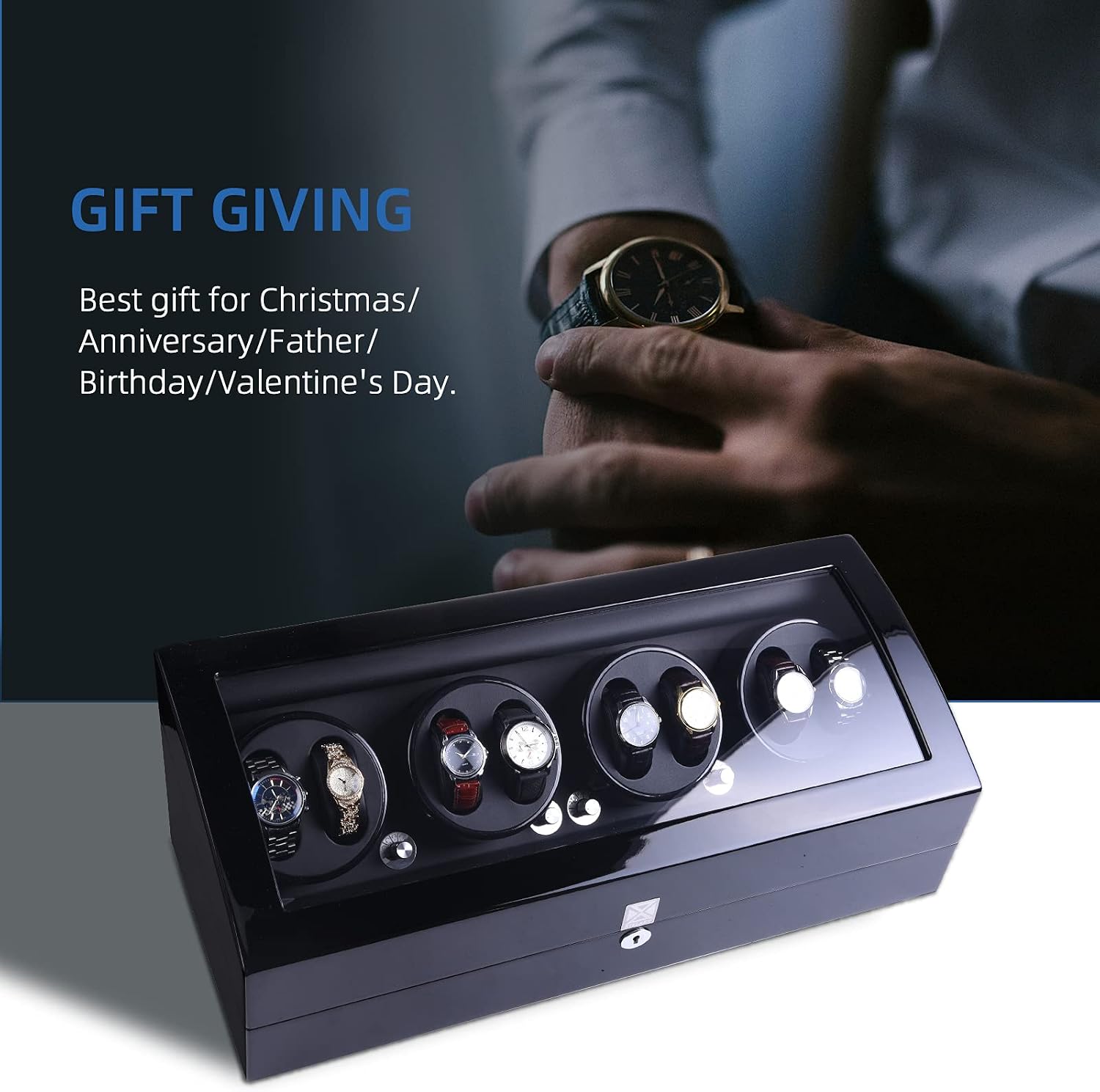 Luxury 4 Motor Quad Watch Winders for Automatic Watches, Safe & Wooden Display Box Case 8+9 Storage (Black)