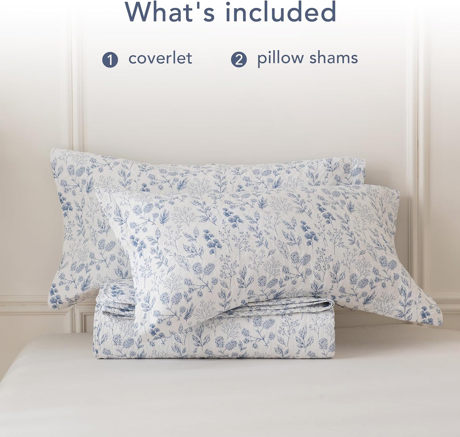 Lady Ann Oversized Queen Quilt Set, Blue and White Floral & Leaves Pattern Plant Botanical Printed Quilted 102x118 Bedspread Set, Vintage Coverlet Ultra Soft Cotton Coverlet with Pillow Shams, 3 PCS